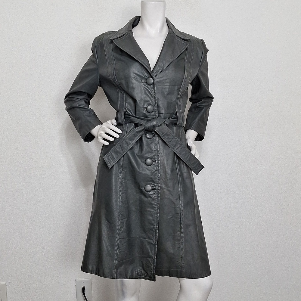 Dark Gray Academia Trench Belted Button Front Matrix Leather Coat Size M
